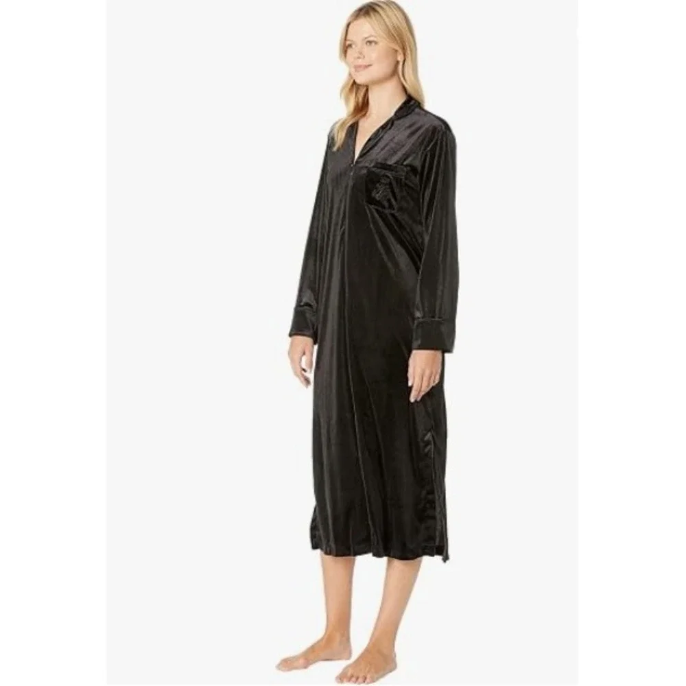 Lauren Ralph Lauren Black Velvet Zip Front Robe Caftan Long Sleeve Crest Logo L